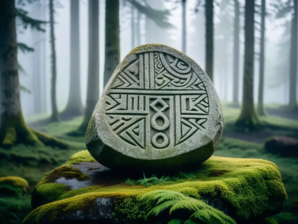 Una piedra tallada con inscripciones rúnicas en un bosque nórdico neblinoso, evocando la literatura vikinga y la poesía rúnica