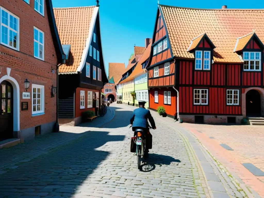 Pintoresca calle histórica de Ribe, Dinamarca, con casas coloridas y bicicleta