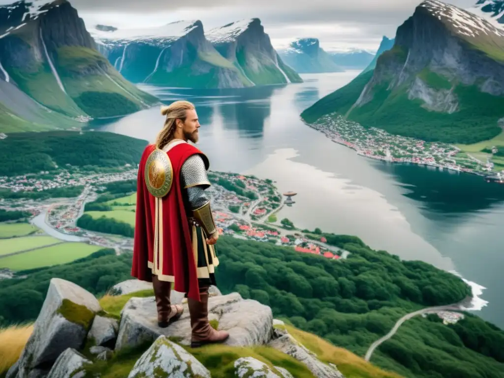 Pintura detallada de Harald Cabello Hermoso en armadura vikinga, en un acantilado noruego, simbolizando la unificación y expansión de Noruega