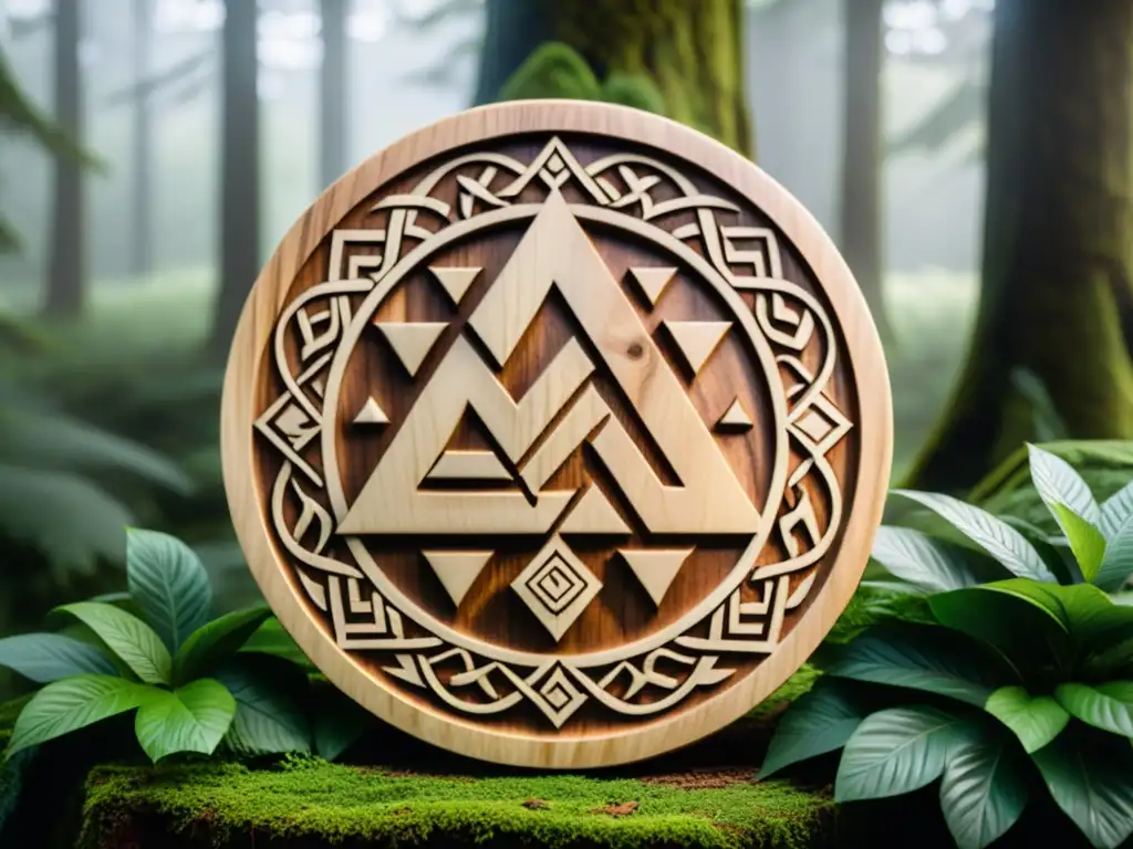 Placa tallada en madera con simbología vikinga, en un bosque nórdico iluminado por los rayos del sol