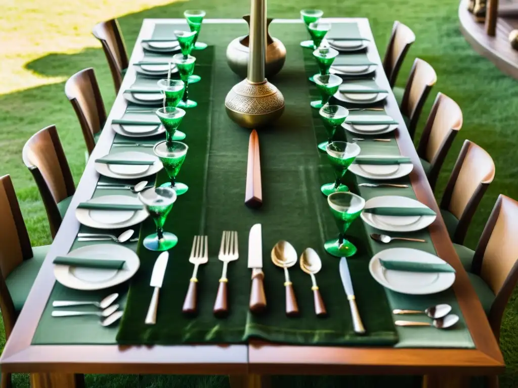 Banquete Vikingo en la Naturaleza: Mesa de Plata y Guerreros Platería vikinga para comidas auténticas en un festín al aire libre rodeado de guerreros vikingos