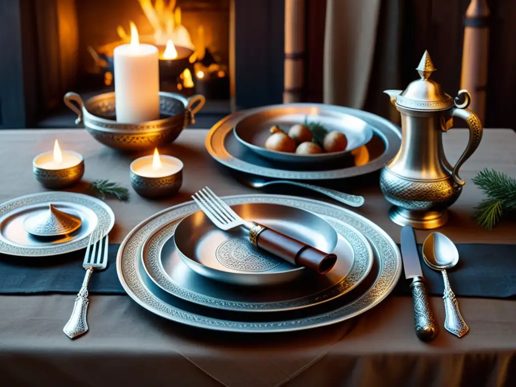 Exquisita mesa vikinga con detalles auténticos Platería vikinga para comidas auténticas en mesa ricamente decorada con motivos nórdicos
