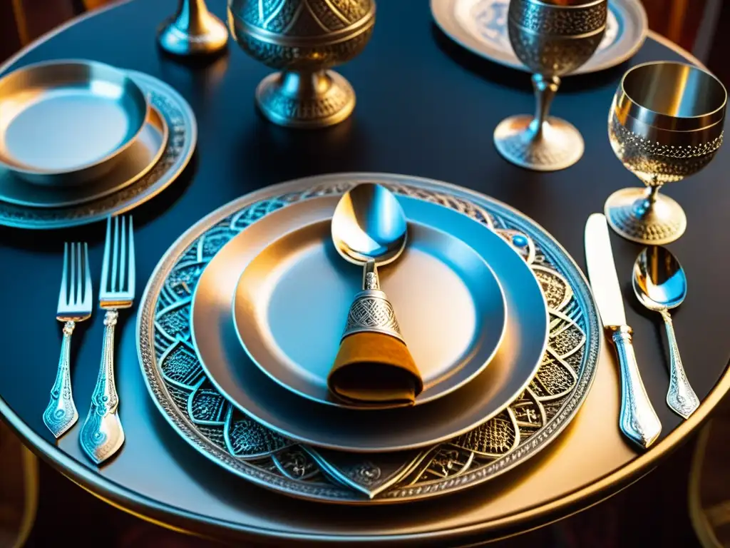 Exquisita mesa vikinga con cubiertos de plata detallados Platería vikinga para comidas auténticas: mesa bellamente decorada con cubiertos, platos y copas vikingas de plata