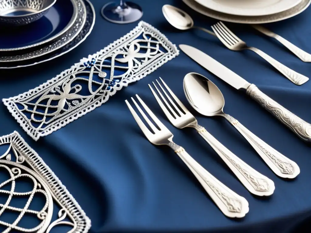 Exquisita mesa vikinga con cubiertos de plata auténtica Platería vikinga para comidas auténticas: mesa con cubiertos y utensilios de plata, decorados con motivos vikingos en tela azul