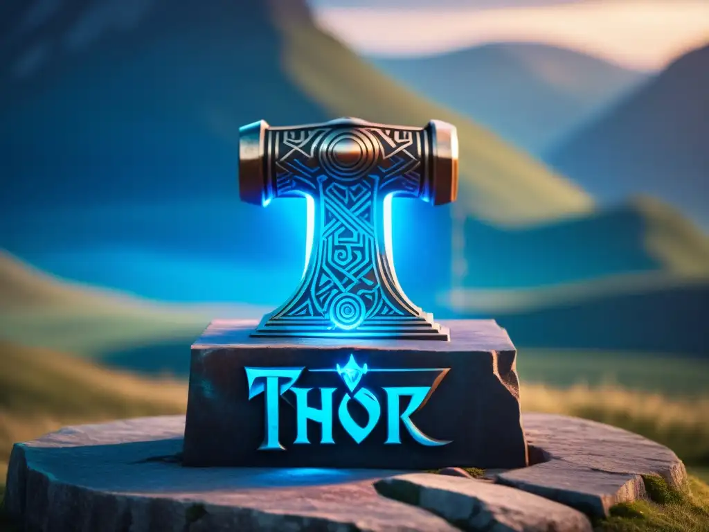 El poder protector del Mjölnir, martillo de Thor, descansa sobre un pedestal de piedra rodeado de runas místicas en un aura azul vibrante