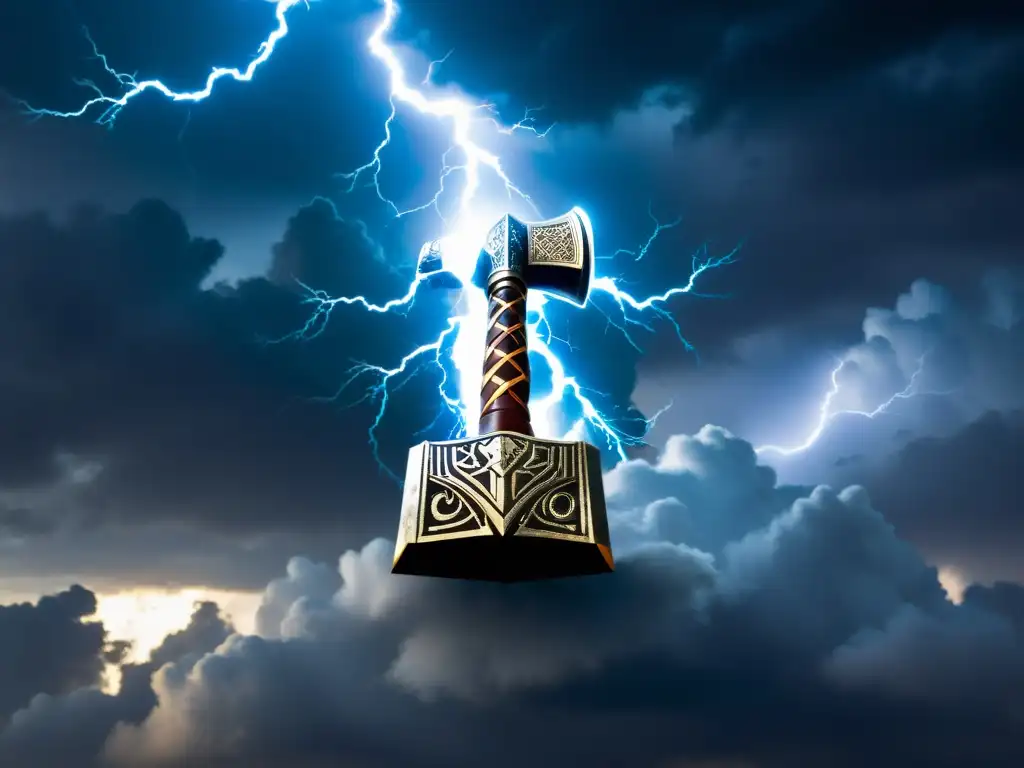 El poder protector del Mjölnir brilla en medio de una tormenta, con intrincados grabados nórdicos y relámpagos