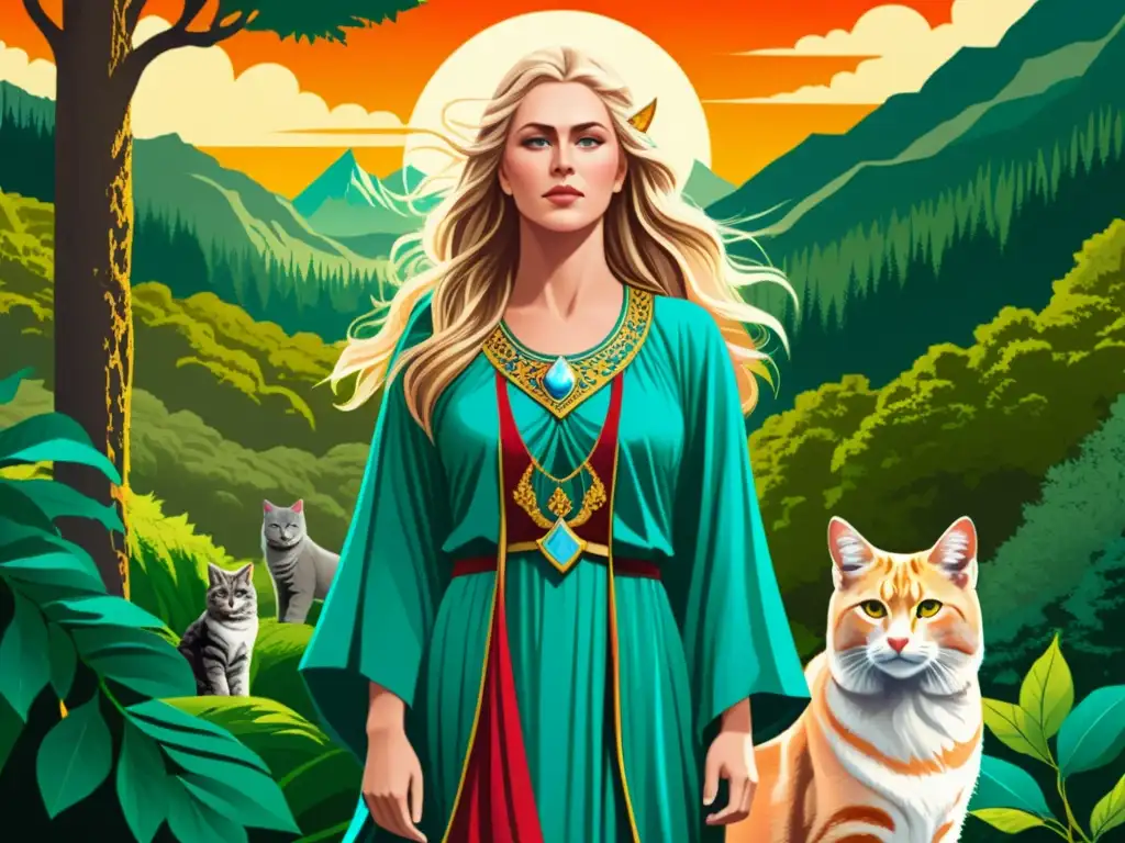 La poderosa diosa nórdica Freyja en un bosque místico, rodeada de sus felinos, simbolizando la fuerza de las mujeres en la mitología nórdica