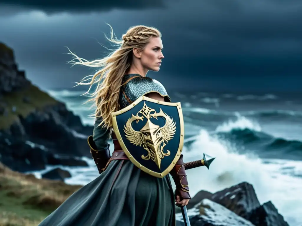 Una poderosa heroína vikinga en armadura, con pelo trenzado al viento, mira con determinación al mar tormentoso