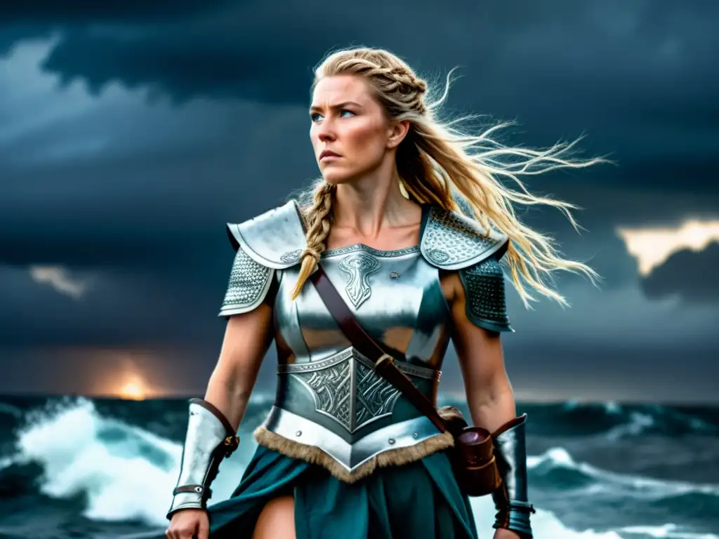 Una poderosa heroína vikinga con armadura y trenzas, en un barco bajo tormenta