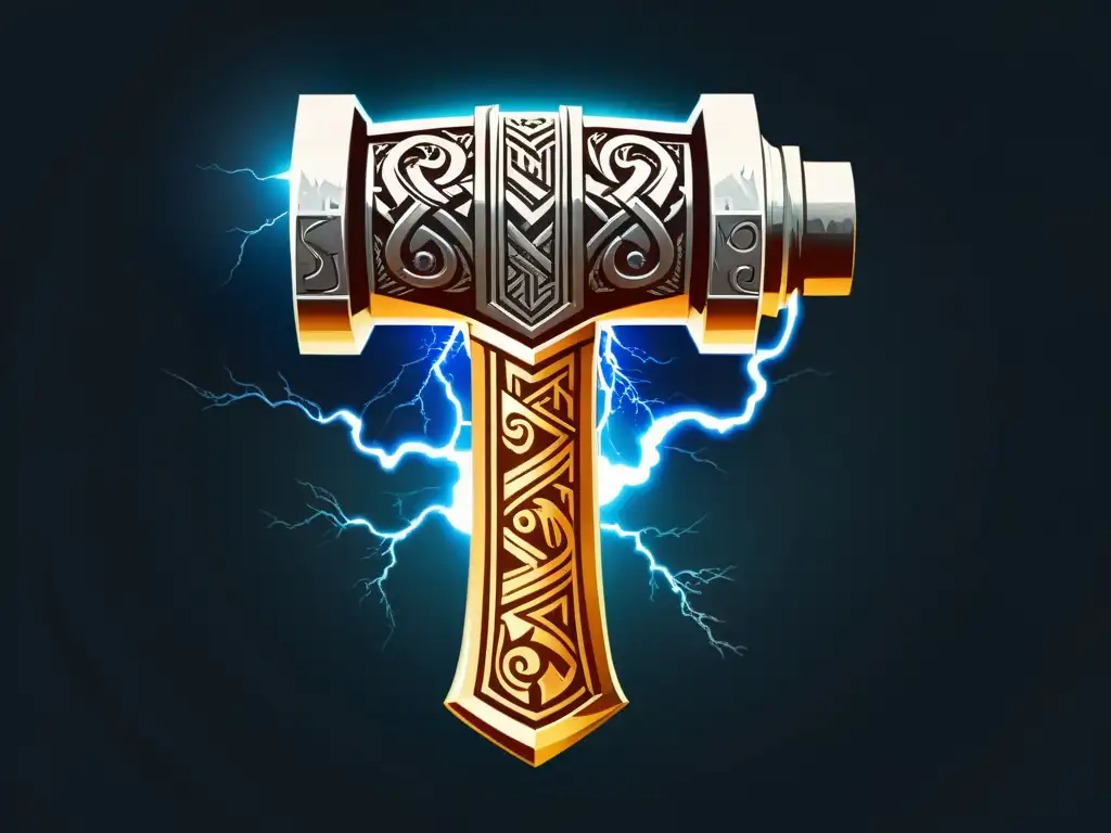 Poderosa ilustración de Mjölnir, el martillo legendario de Thor, rodeado de relámpagos y runas nórdicas