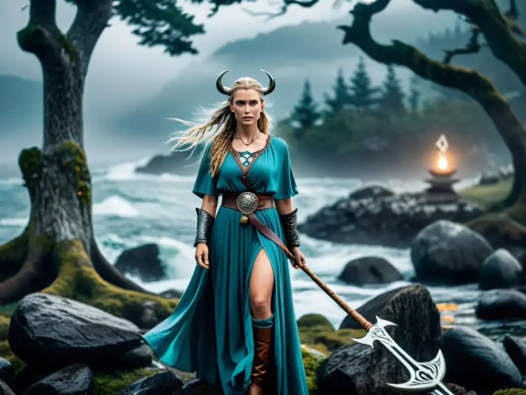 Hechicera vikinga en bosque místico: poder y misterio en 8k Poderosa hechicería en la Era Vikinga: una misteriosa hechicera vikinga en el bosque neblinoso, rodeada de símbolos antiguos y runas