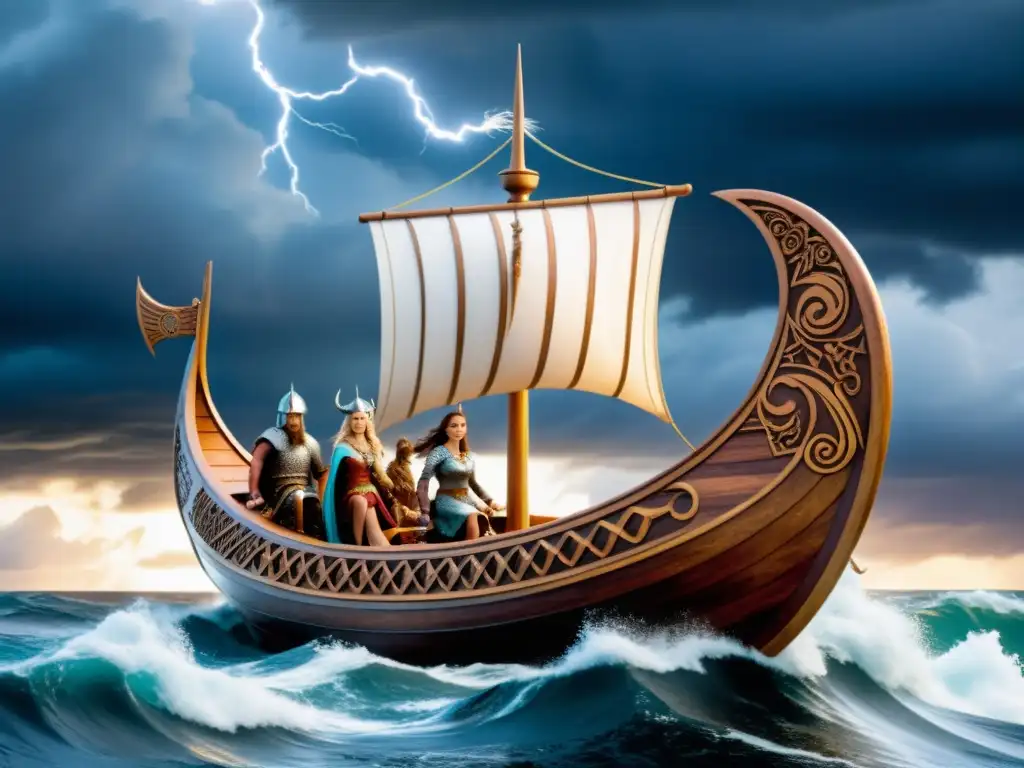 Dos poderosas diosas a bordo de un barco vikingo en medio de la tormenta, reflejando la influencia de las esposas vikingas