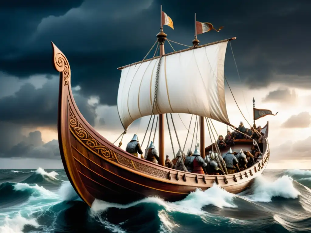 El poderoso barco vikingo de la Saga de Hrolf Kraki rey vikingo navega en medio de una tormenta, guerreros listos para la batalla