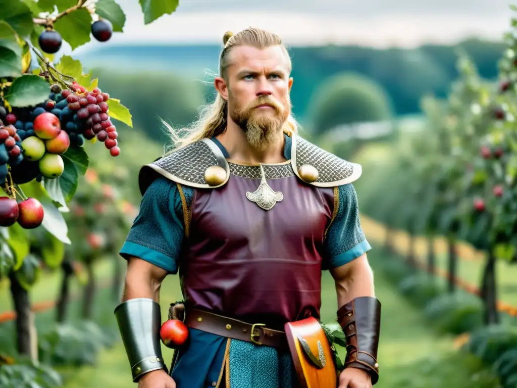 Un poderoso guerrero vikingo en un huerto exuberante con frutas coloridas