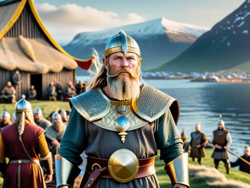 Un poderoso jefe vikingo rodeado de riqueza y status, junto a su tripulación y aldeanos ofreciendo metales preciosos