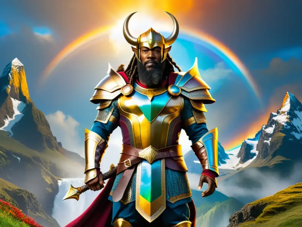 El poderoso guardián Heimdall en la mitología vikinga protege Bifrost con su armadura dorada, vigilando el puente arcoíris