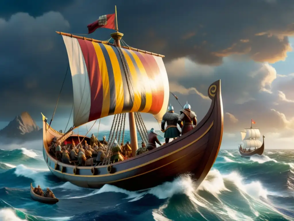 Un poderoso drakkar vikingo surca aguas turbulentas con guerreros a bordo, reflejando las Estrategias líderes vikingos Civilization VI