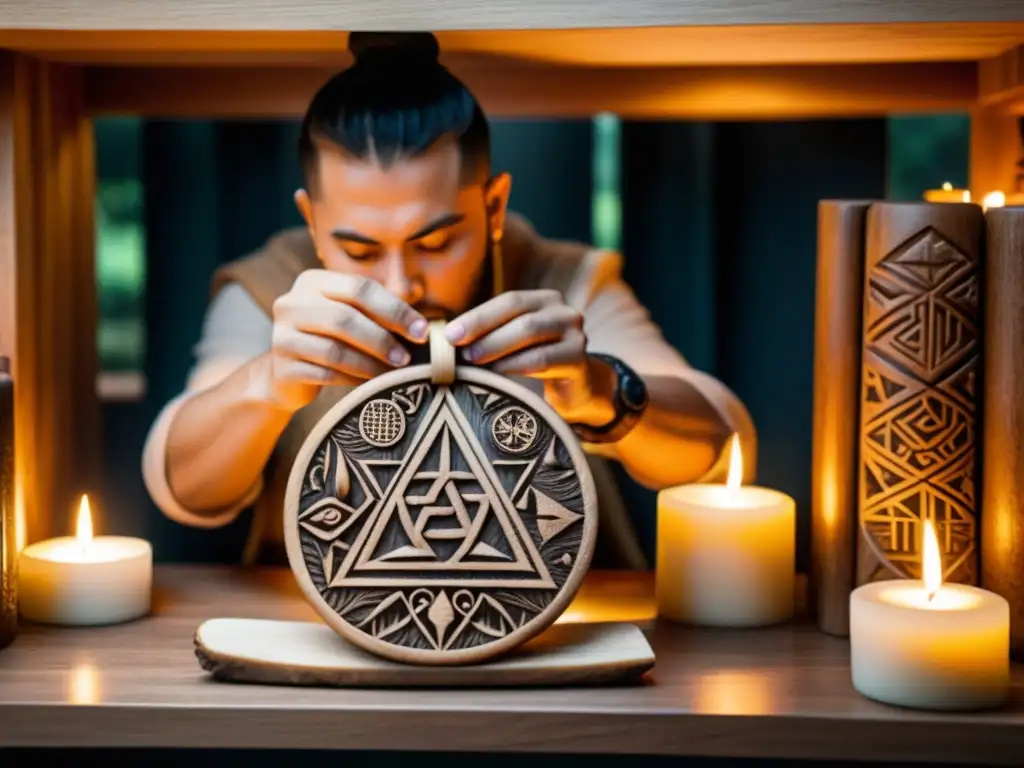 Artesano tallando símbolos rúnicos en amuleto de madera Un practicante talla símbolos rúnicos en un amuleto de madera, rodeado de objetos rituales