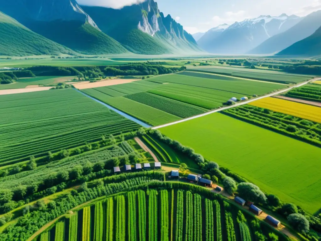 Prácticas ecológicas en la agricultura vikinga: vista aérea de paisaje verde con agricultores vikingos trabajando en armonía