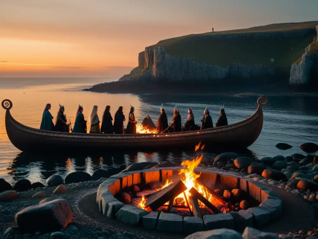 Funeral vikingo en un acantilado al atardecer: una ceremonia ancestral Prácticas funerarias vikingas: Un ritual de despedida al atardecer en una costa rocosa, con un barco ardiendo y dolientes en vestimenta nórdica