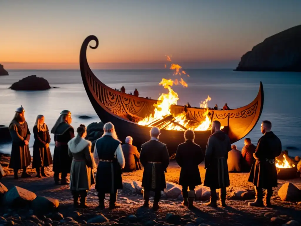 Prácticas funerarias vikingas: ritual de cremación en barco al atardecer, con interacción divina en la costa rocosa