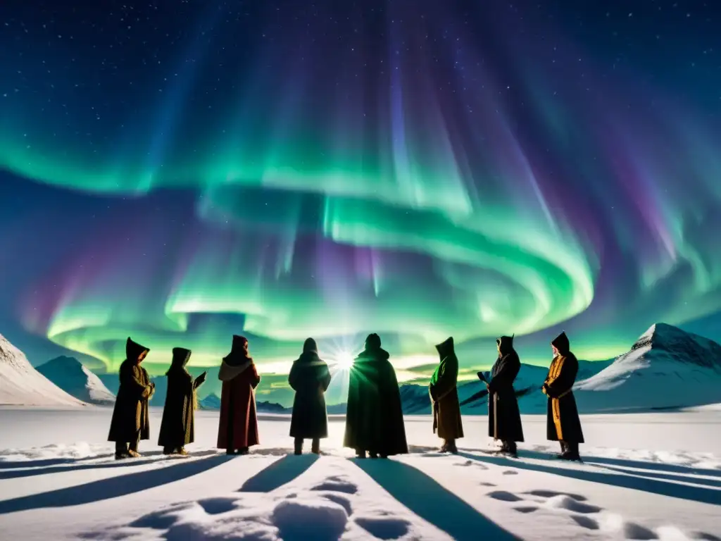 Prácticas mágicas antiguos nórdicos: Grupo de figuras encapuchadas en ritual bajo la aurora boreal, invocando poderes ancestrales