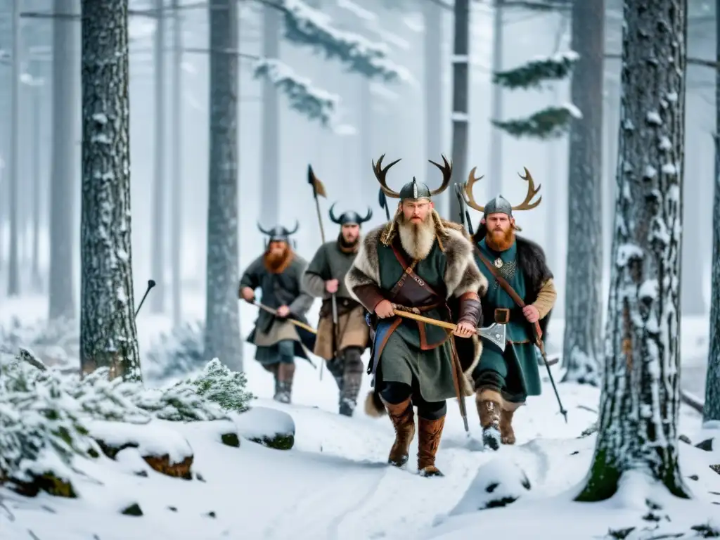 Prácticas de subsistencia vikinga: Grupo de cazadores vikingos sigilosamente rastreando un reno en un bosque nevado y frondoso