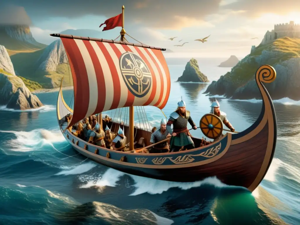 Presencia vikinga en la península ibérica: Ilustración detallada de un drakkar vikingo navegando hacia la costa, guerreros preparados para desembarcar