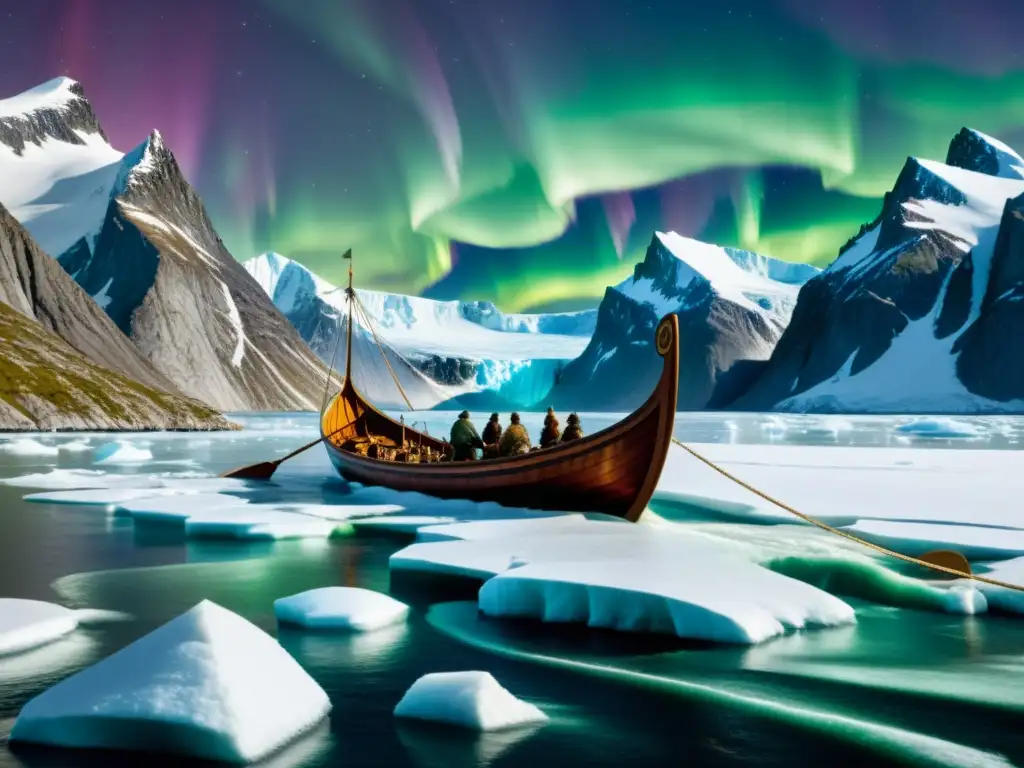 Presencia vikinga en Groenlandia: Un drakkar surca aguas heladas con auroras boreales sobre montañas nevadas