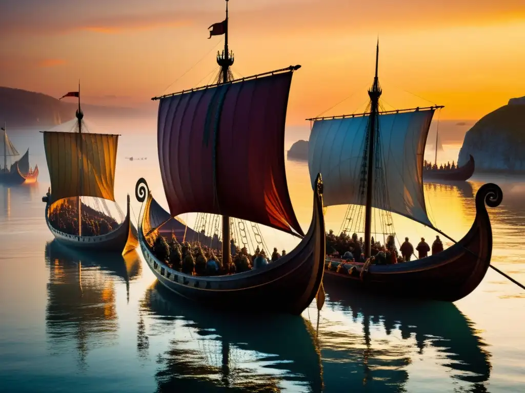 Primeras incursiones vikingas en Europa: Vikingos emergen del mar con sus drakkars al amanecer, listos para conquistar