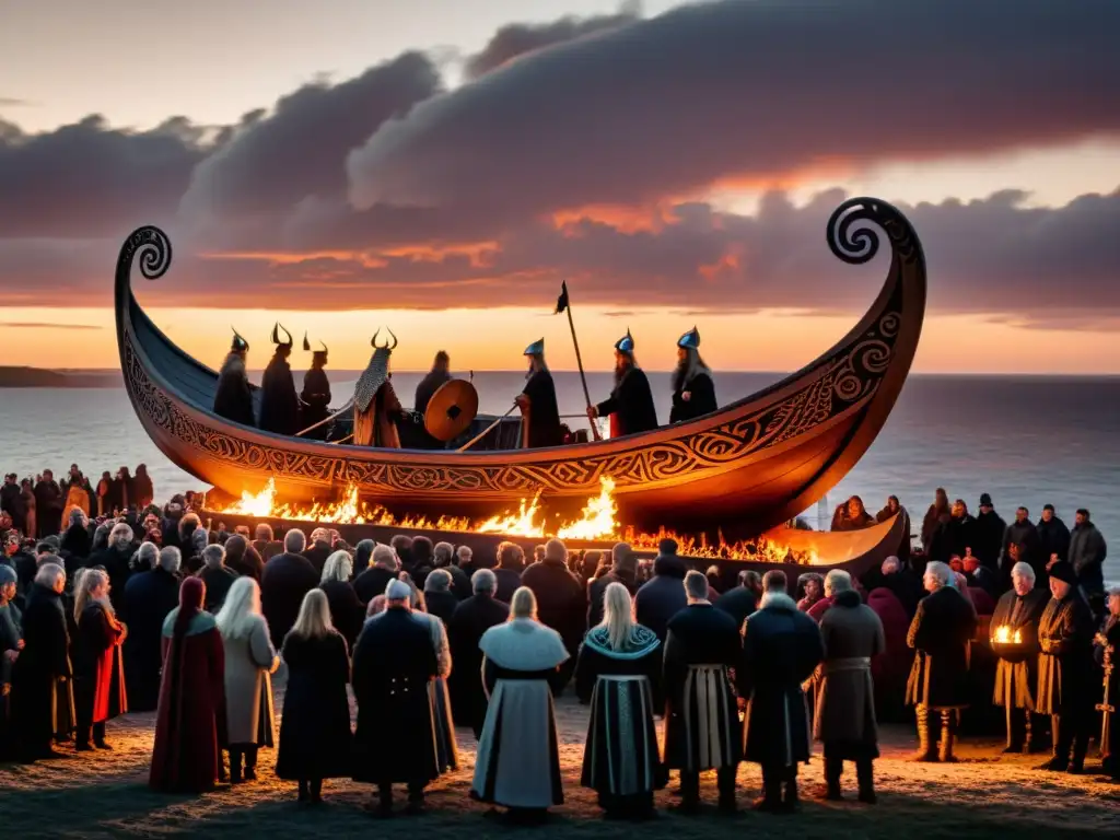 Una procesión funeraria vikinga con un barco adornado y llamas, reflejando costumbres funerarias vikingas vida eterna