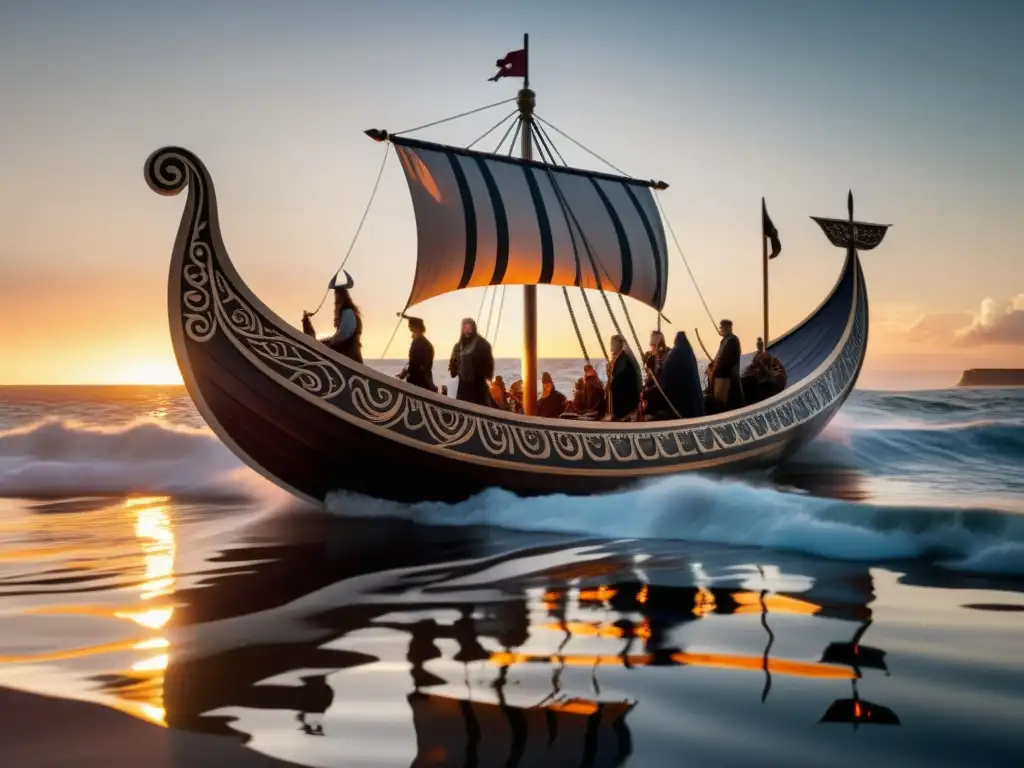 Una procesión funeraria vikinga con interpretaciones modernas, con un barco adornado y vestimenta tradicional y contemporánea