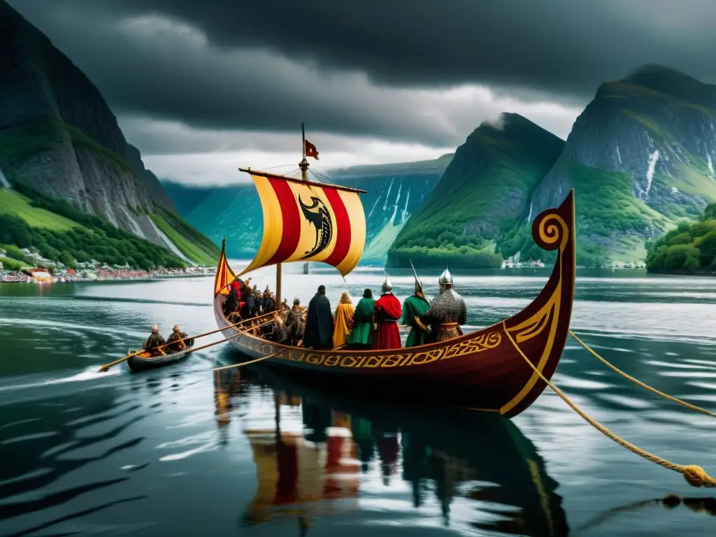 Una procesión funeraria vikinga solemne con música, poesía y un paisaje nórdico dramático