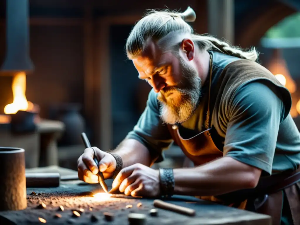 Proceso de fabricación joyas vikingas: Hábil artesano vikingo creando una pieza única en taller iluminado