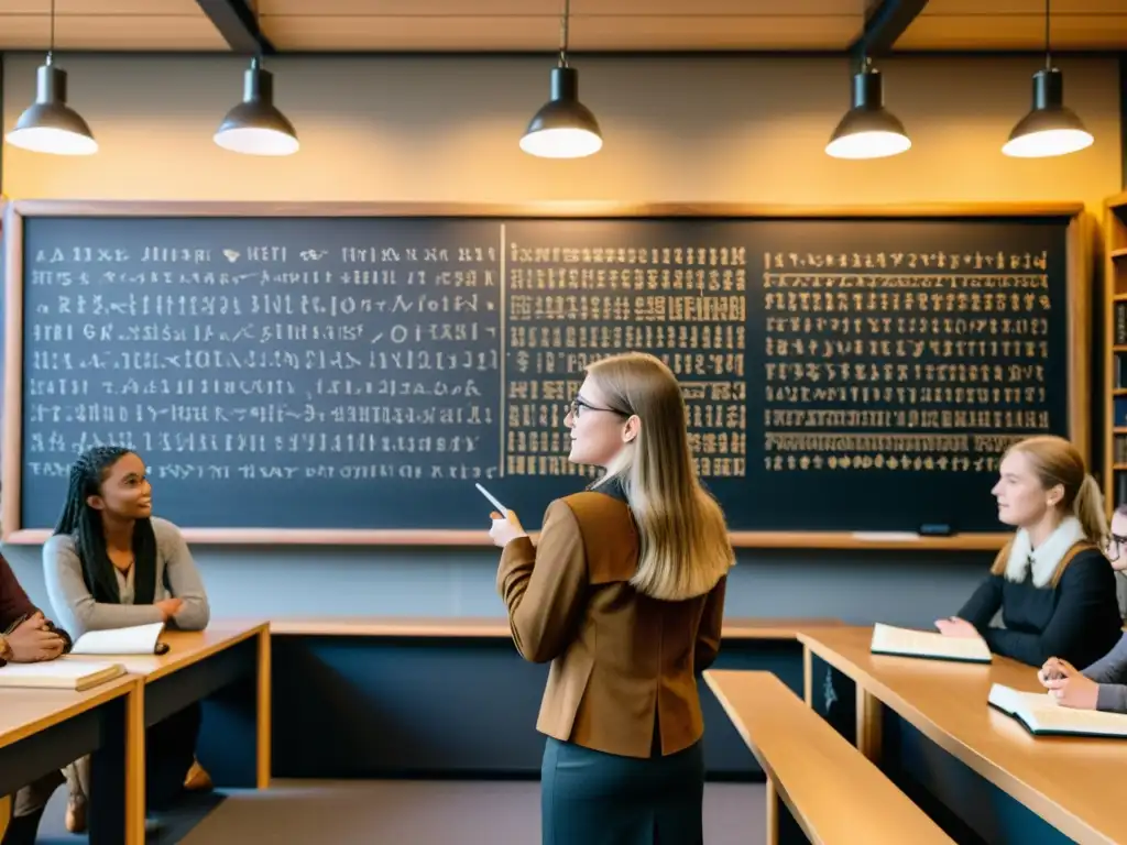 Una profesora explica gramática nórdica antigua a alumnos fascinados en aula vikinga