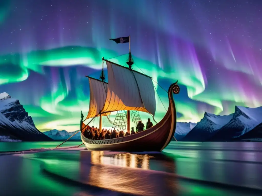 Diseña tu propio estandarte vikingo: Un barco vikingo navega bajo la aurora boreal, con guerreros en cubierta