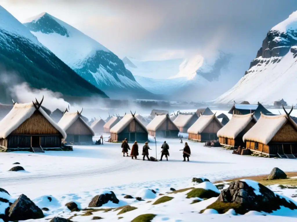 En un pueblo vikingo nevado, guerreros discuten entre montañas neblinosas