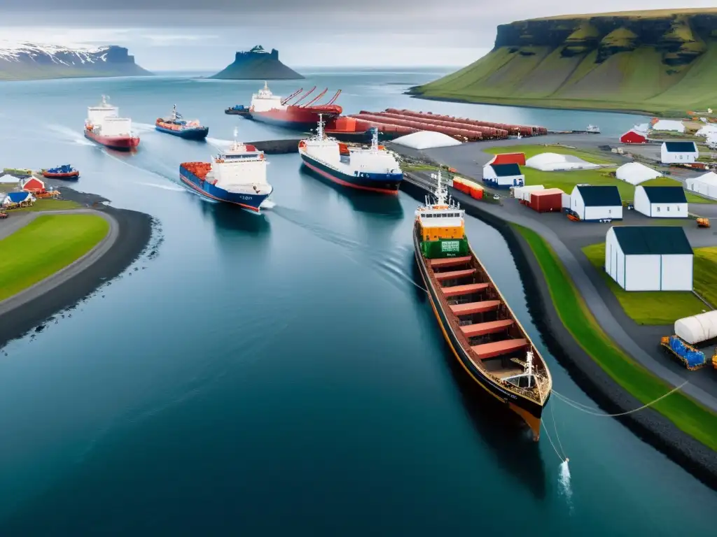 Un puerto islandés con barcos vikingos y cargueros modernos, reflejando la red comercial vikinga en el Atlántico