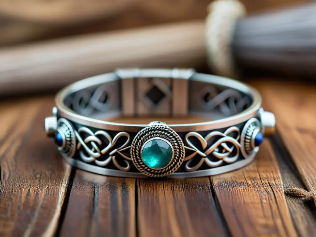 Una pulsera inspirada en los vikingos, detalle Intrincado nudo y motivos animales en plata con gemas