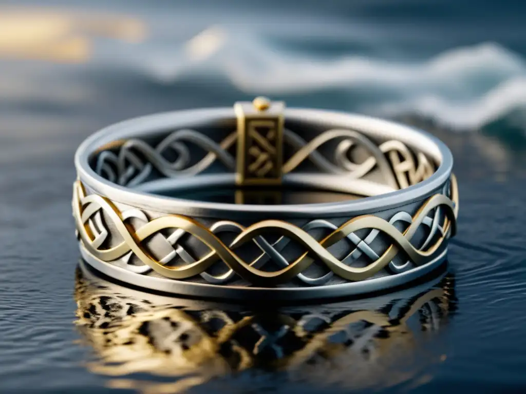 Una pulsera vikinga de plata y oro con runas nórdicas, brilla bajo la luz natural