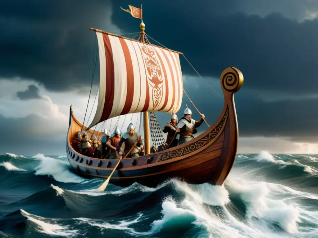 Realidad virtual vikinga historia tecnología: Un drakkar vikingo surca mares turbulentos con guerreros y símbolos vikingos en un cielo tormentoso