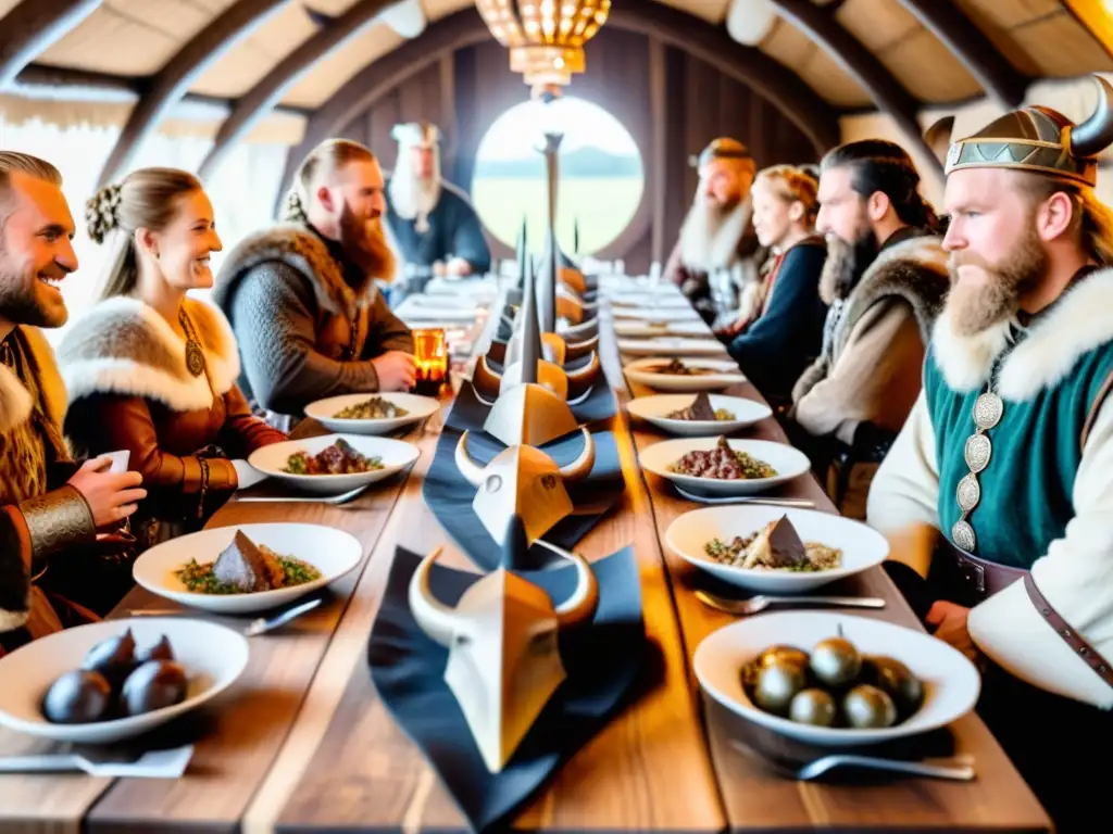 Recetas y rituales en un banquete vikingo con mesa de madera larga y decoraciones nórdicas tradicionales