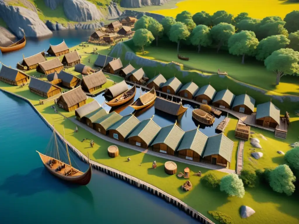 Reconstrucción detallada en 8k de un asentamiento vikingo, capturando la vida cotidiana