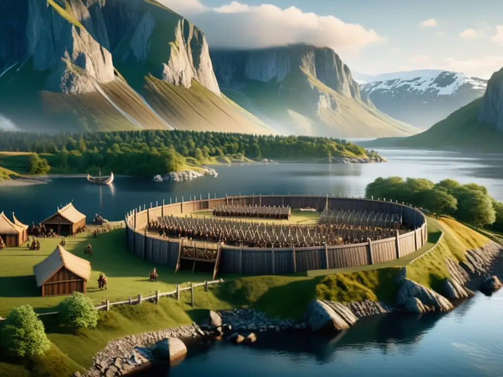 Reconstrucción detallada de una fortaleza vikinga con guerreros patrullando