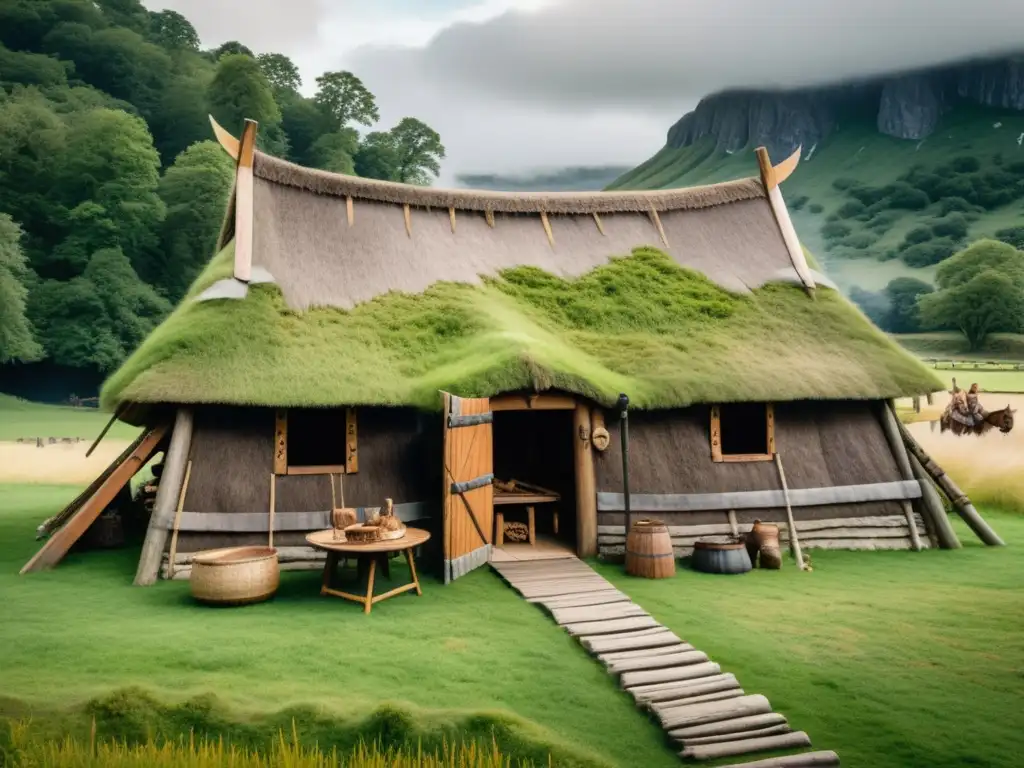 Una reconstrucción detallada de un hogar vikingo en un paisaje verde, mostrando la vida cotidiana de la élite vikinga