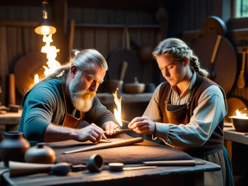 Reconstrucción de instrumentos vikingos en un taller oscuro, artesanos meticulosos crean piezas detalladas rodeados de historia y luz de velas