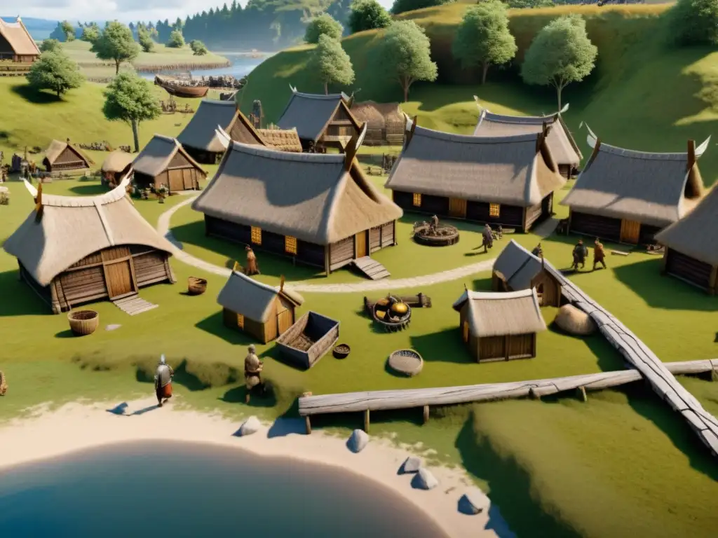 Una reconstrucción virtual detallada de un asentamiento vikingo, con actividades diarias, paisaje y arquitectura auténtica