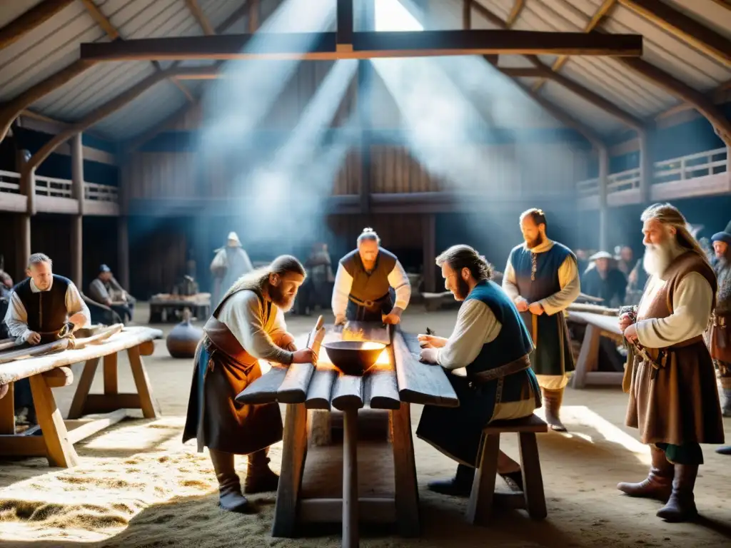 Reconstrucciones de arquitectura vikinga educativas: Artesanos recrean una casa vikinga con herramientas auténticas en un mercado medieval