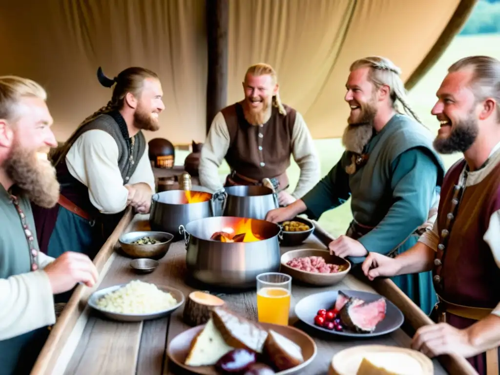 Una recreación detallada de una festín vikingo en una longhouse, resalta la dieta vikinga y sus rituales de comida en comunidad