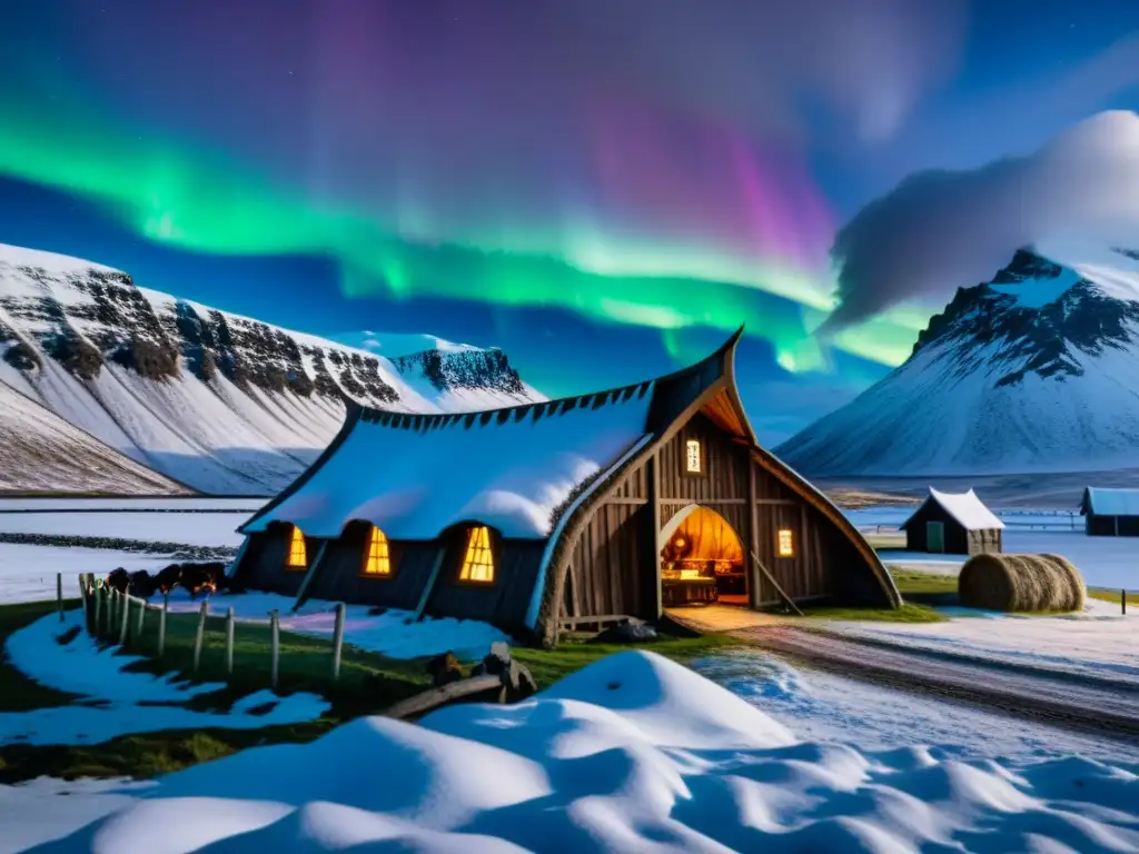 Una recreación detallada de la vida cotidiana de la sociedad vikinga en Islandia, con una impresionante casa vikinga y el paisaje islandés de fondo